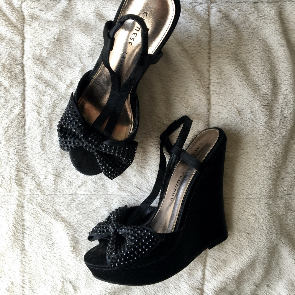 Chinese Laundry Crystal Studded Bow Satin Wedges